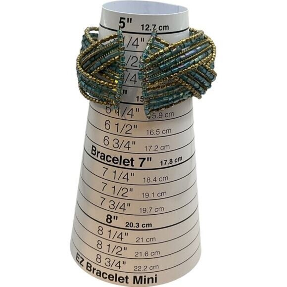 Beaded Cuff Bracelet 6.5" With Blue & Gold Sea Beads - Picture 2 of 7